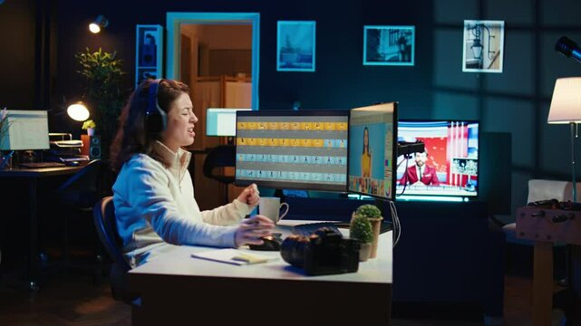 Freelancer dancing on chair while editing professional photographs, enjoying music. Photo editor bopping head on favorite tunes while using editing software, having fun, camera B