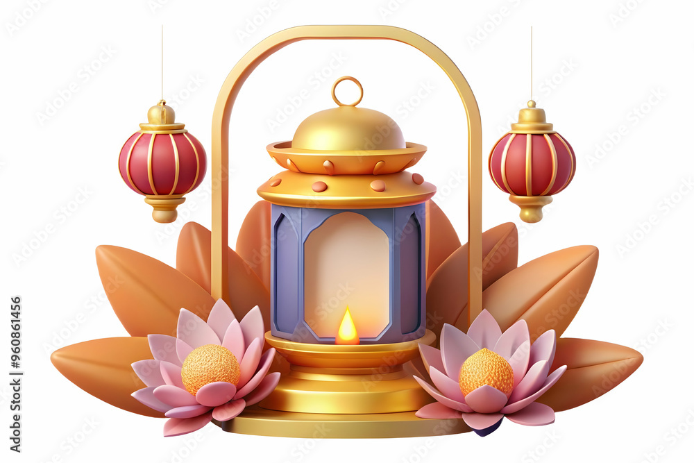 Poster 3D Lantern and Lotus Border Frame with Copy Space Concept for Mid Autumn Blessings - Serene Design with Ample Space, Isolated on White Background