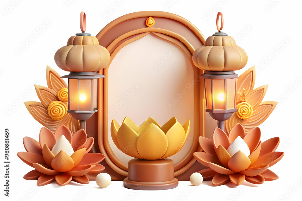 Poster 3D Lantern and Lotus Border Frame with Copy Space: Mid Autumn Blessings Text, Serene Design with Ample Space, 3D Icon Isolated on White Background