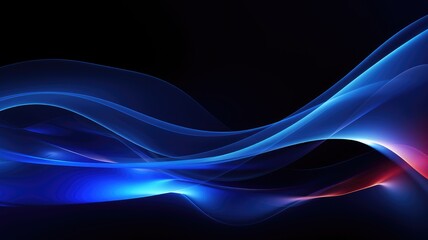 A dynamic abstract design featuring flowing waves of blue and red light against a dark background.