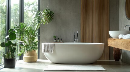Fototapeta premium Contemporary bathroom with energy-efficient design and smart home integration, focusing on sustainability