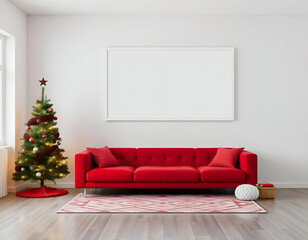 A red sofa set in front of a Christmas tree with lights, with a blank white frame on the wall