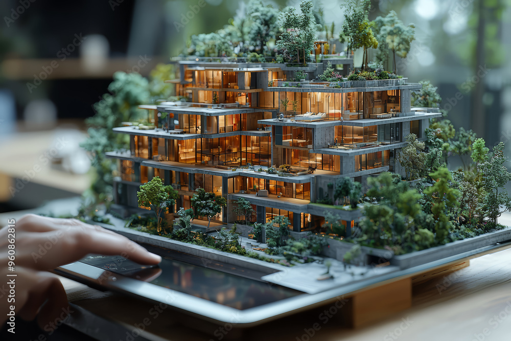 Poster An architect using 3D modeling software on a tablet to design a new building, showcasing digital design tools in architecture. Concept of digital architecture and design software.