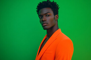Obraz premium Stylish Men in Neon Orange Blazer with Solid Neon Green Background Trendsetting Fashion Lifestyle Portrait with Vibrant Colors