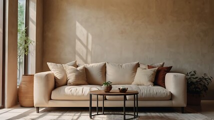 Beige sofa next to a stucco wall, facing a grid window. Modern living room interior design with a bohemian touch.