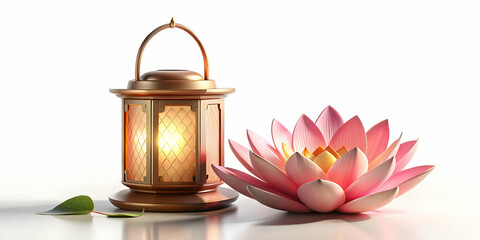 3D Lotus Flower and Lantern with Mid Autumn Blessings Concept - Serene Vector Illustration Isolated on White Background