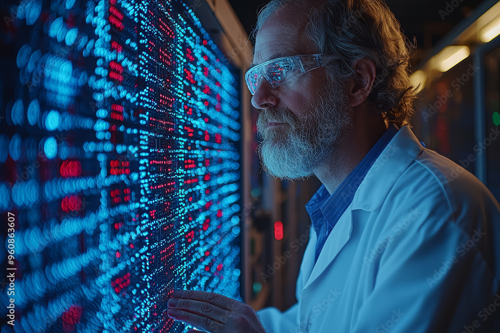 Poster a team of scientists using a supercomputer to analyze large datasets, showcasing the power of high-p