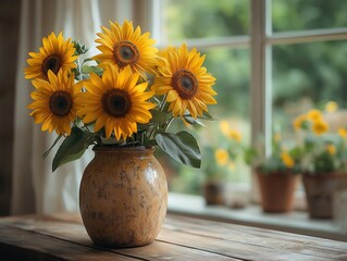 Fototapeta premium Sunflower bouquet in vase by window with natural light streaming.