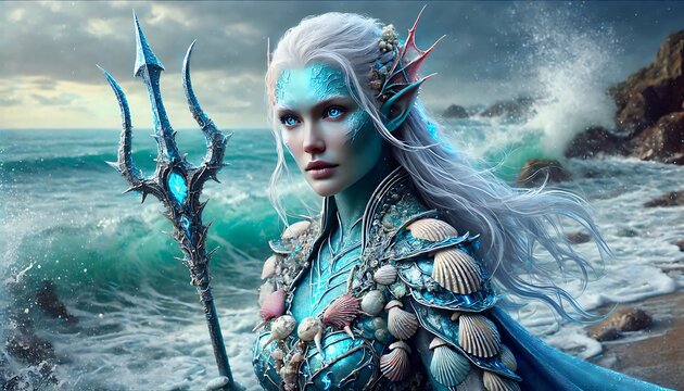Majestic sea elf warrior with trident standing by ocean waves in detailed shell armor
