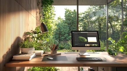 Obraz premium Contemporary home office with smart energy management and solar-powered devices, promoting clean energy