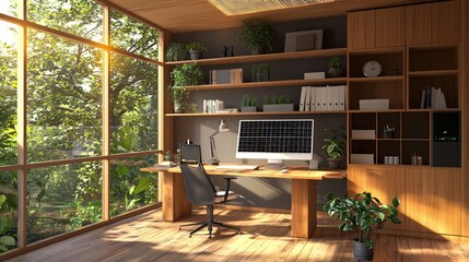 Contemporary home office with smart energy management and solar-powered devices, promoting clean energy