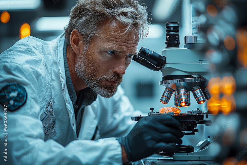 Poster a scientist examining samples under a powerful electron microscope, showcasing the role of advanced 