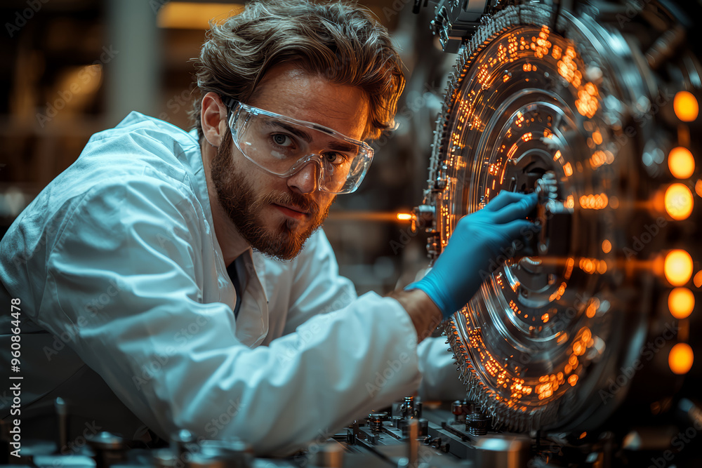 Poster a researcher operating a particle accelerator in a physics laboratory, highlighting the advanced tec