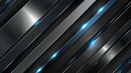 Fototapeta premium A sleek, abstract design featuring diagonal black and metallic stripes with glowing blue accents, ideal for modern graphics.