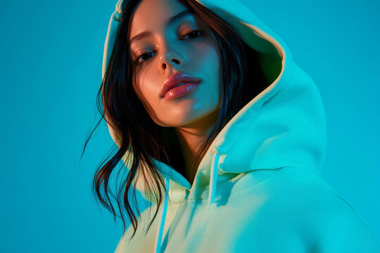 Fashion Portrait of Woman in Mountain Green Hoodie with Solid Neon Blue Background Trendsetting Lifestyle Look