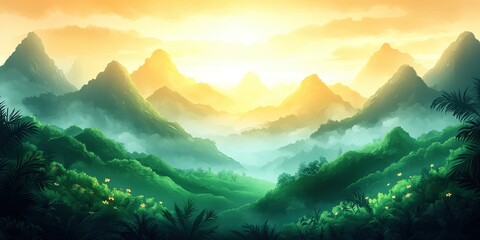 Obraz premium Majestic Mountain Landscape at Sunrise with Vibrant Greenery and Misty Valleys Capturing the Serene Natural Beauty of a Tranquil Morning