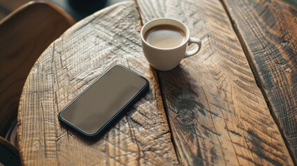 A minimalist setup with a smartphone and coffee on a wooden table. - Powered by Adobe