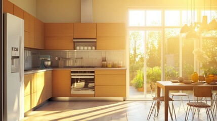 Fototapeta premium Contemporary kitchen with solar-powered devices and energy-efficient design, focusing on reducing global warming