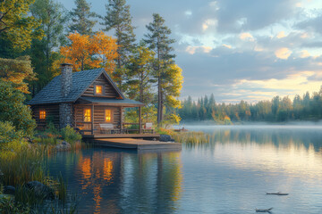 Obraz premium A peaceful lakeside cabin with a wooden deck overlooking the water, highlighting the serene beauty of a cozy retreat in nature. Concept of lakeside tranquility and cabin retreats.