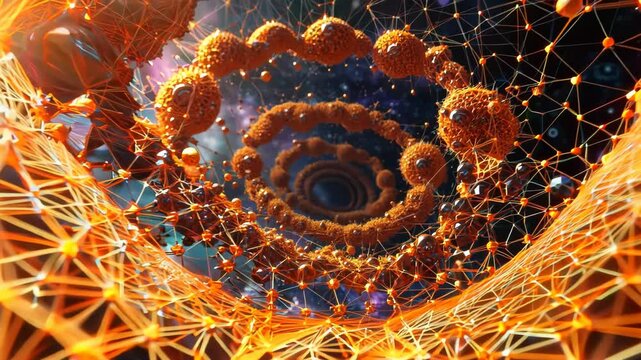 Orange tetrahedrons float in nebula-like expanse. Interconnected by gossamer threads, they form complex hive structure. Iridescent polyhedra simulate swarm intelligence.