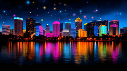 Night Cityscape with Colorful Skyscrapers and Starry Sky Reflection in Water