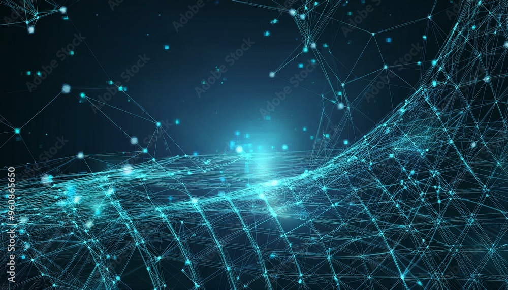 Poster abstract polygonal background from lines, dots and glowing particles with plexus effect
