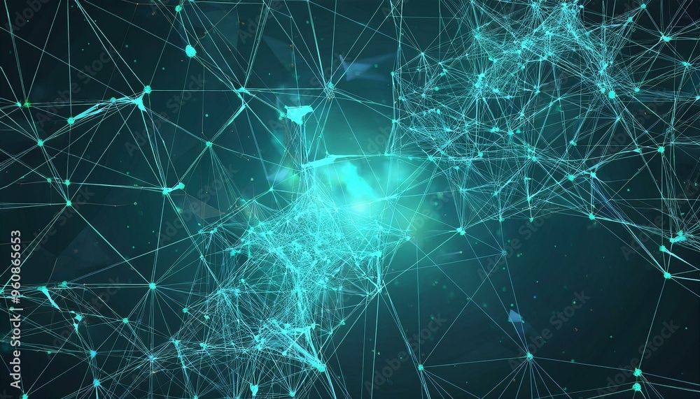 Poster abstract polygonal background from lines, dots and glowing particles with plexus effect
