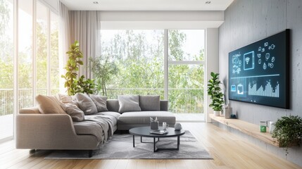 Fototapeta premium Contemporary living room with energy-saving technology and solar-powered devices, promoting a green lifestyle