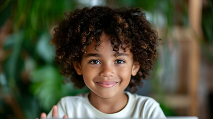 Happy Boy Waving Hand While Sitting With Father