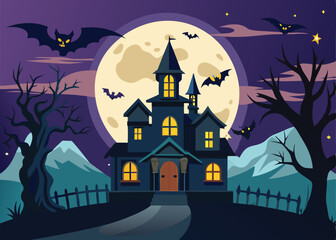 a halloween haunted house with a full moon and bats