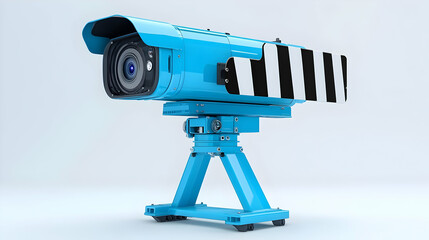 Blue Security Camera on Tripod with White and Black Stripes