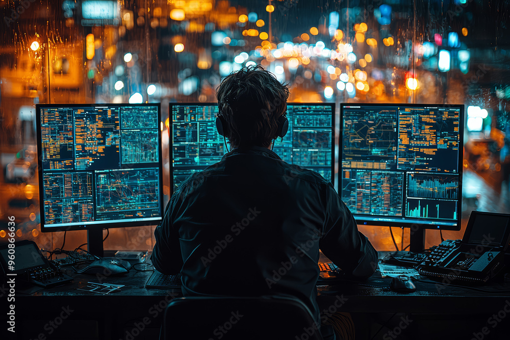 Poster a cybersecurity expert analyzing network security data on multiple screens, showcasing the importanc