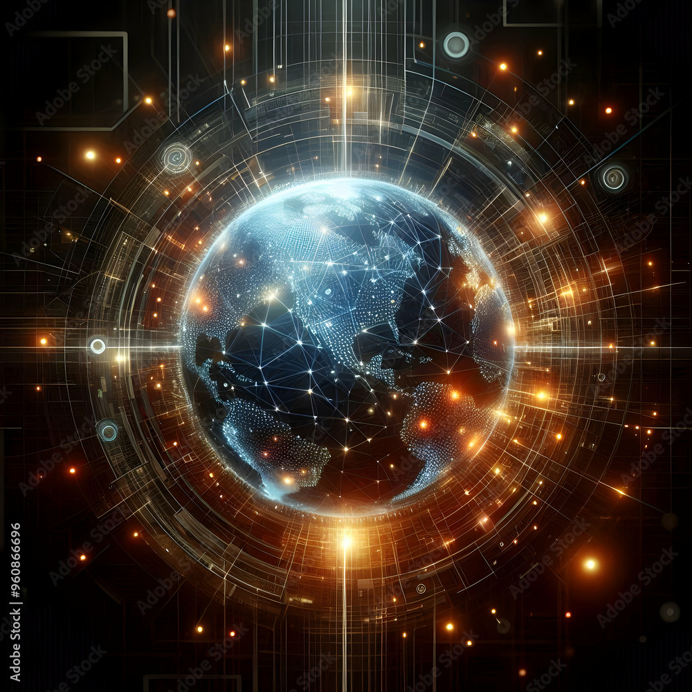Poster abstract global technology: glowing tech nodes and connections on digital globe - futuristic digital