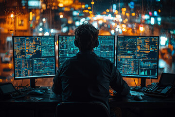 A cybersecurity expert analyzing network security data on multiple screens, showcasing the importance of technology in protecting digital information.