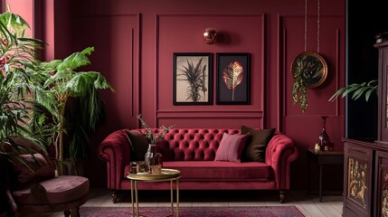Obraz premium Stunning maroon toned living room showcasing a harmonious blend of luxurious decor modern furnishings and a cozy sophisticated ambiance The deep