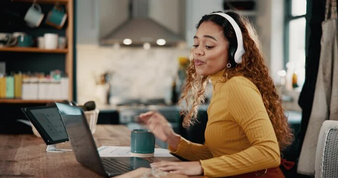 Laptop, coffee and woman with headphones, energy and singing with audio, listen to music and stress relief. Pc, person and girl with headset, home and sound with song, happiness and tea in lounge