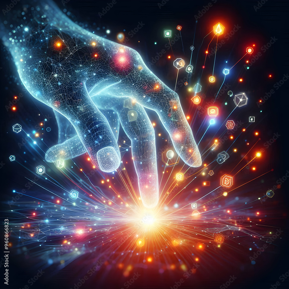 Poster interactive digital hand with vibrant data symbols - futuristic technology concept with illuminated 