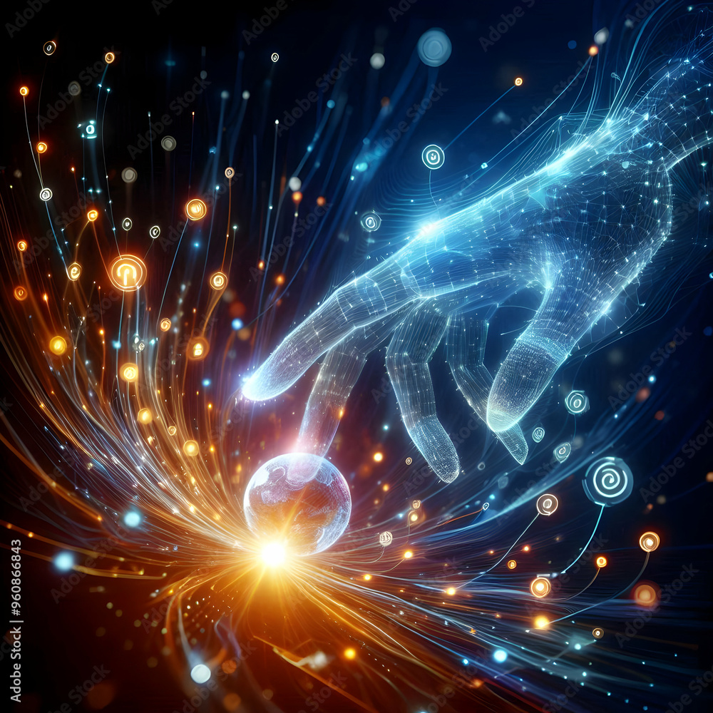 Poster dynamic data interaction: glowing hand and vibrant symbols in abstract digital art - a captivating p
