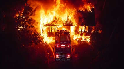Aerial view of a fire engine approaching a blazing house at night, bright orange flames against deep shadows, emergency scene, realism, insurance use, detailed