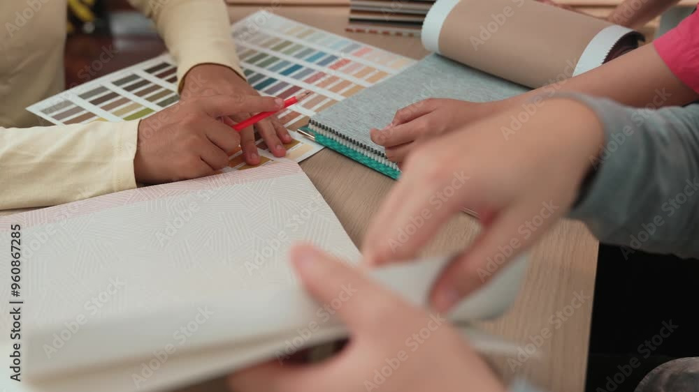 Poster slow motion hand closeup architect and interior designer presenting textile material and color from 