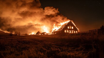Barn fire adjacent to a house at night, livestock in desperate flight, smoke billowing into the dark sky, perfect for insurance claim visuals