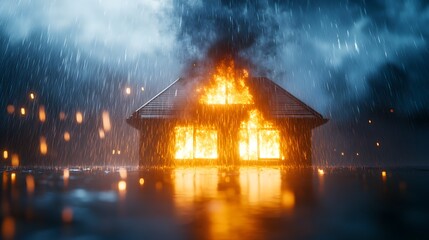 Burning house under a torrential downpour, steam billowing up from the fire, vivid colors highlighting the clash of elements, photo-realistic, wide-angle shot, suitable for insurance purposes