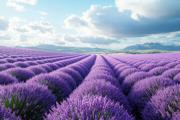 Fototapeta premium A blooming field of lavender with rows of purple flowers stretching to the horizon, illustrating the calming beauty and fragrance of lavender fields.