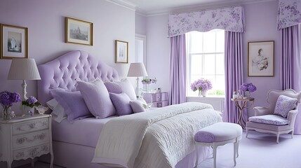 Serene and Sophisticated Lavender Themed Bedroom Decor with Soft Furnishings and a Calming Relaxing Atmosphere  Elegant and Minimalist Interior Design in a Cozy Comfortable Living Space
