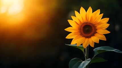 Fototapeta premium Sunflower with wide-open petals, centered on a dark, matte background, illuminated by soft golden light from above, the scene exuding a peaceful, meditative vibe, Minimalist, High-Contrast.