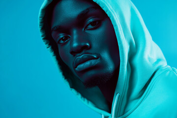 Naklejka premium Fashion Portrait of Men in Mountain Green Hoodie with Solid Neon Blue Background Bold Lifestyle Look with Trendsetting Flair