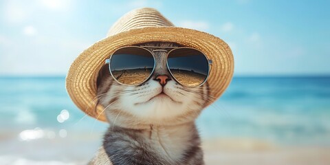 Cool cat wearing sunglasses and a hat on a beach