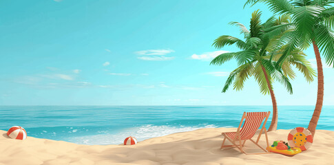 Obraz premium 3D Summer Beach Scene with Palm Trees, Deck Chair, Toys, Beach Umbrella and Accessories