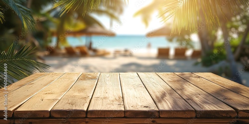 Poster an empty wooden table closeup banner, tropical beach cafe. sunny summer background with holiday mood