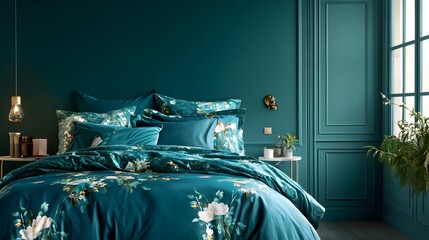 Serene Teal Toned Bedroom Design with Calming Aesthetic and Minimalist Decor  A tranquil refreshing bedroom space with teal walls matching teal bedding and a contemporary elegant layout for a cozy